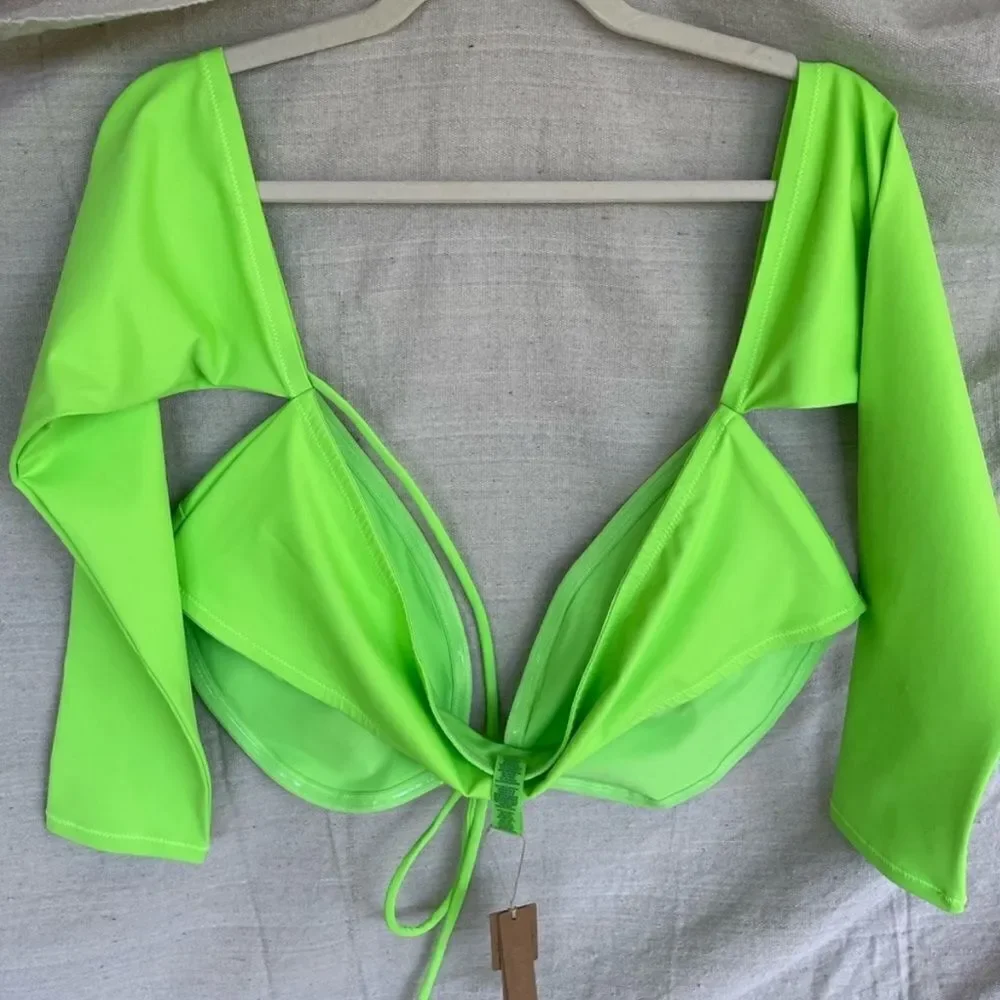 NWT SKIMS Recycled Swim Long Sleeve Bikini Neon Green Swim Top